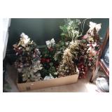 Lot - flocked bottle brush trees and decorative