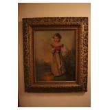 Gold gilded frame with picture of a girl & kitten