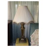 Stiffle brass lamp (lamp & shade are marked)