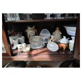 Shelf lot - compote, ash trays, figurines, glass