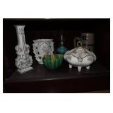 Shelf lot - blue stoneware stein, ceramic vases