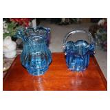 Lot - Blue blown glass vase and basket