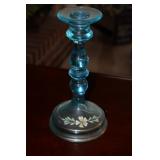 Tiffin blue glass  hand painted candlestick