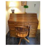 Oak roll top desk 54 X 29 X 44.5 with chair (does
