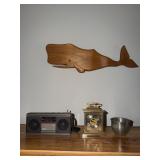 Elgin desk clock, OXI radio, wooden whale