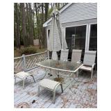 Outdoor patio set with rectangular glasstop table,