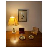 Marble base table lamp, 2 trinket boxes, coin