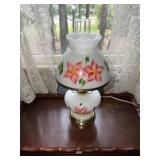 Hand painted milk glass Hurricane lamp