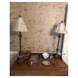 Lot - 2 tall bronze finish table lamps, covered