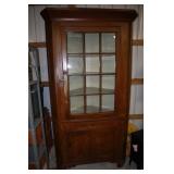 Pine corner cabinet with blown glass panels (one