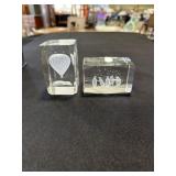 2 Etched glass paper weights - 1 with hot air