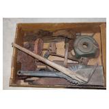 Box lot - Ax head, pitcher pump parts, auger bits