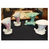 Lot - 4 ceramic cornucopia vases (2 Shawnee,