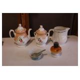 Lot - Tea pot & waste, Halls water pitcher, oil