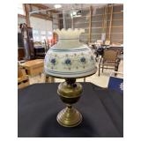 Brass oil lamp with floral decorated shade - lamp
