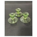 3 Vaseline glass candleholders (1 has chips)