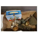 Box lot - brass candlesticks, metal lunchbox,
