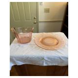 Pink Depression glass ice bucket and