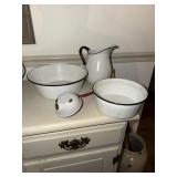 White enamelware pitcher, basin, bowl