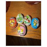 5 lithographed tin Easter egg shaped candy