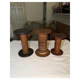 3 Antique wooden textile bobbins or spools -