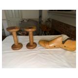 2 Antique wooden textile bobbins or spools and