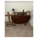 Drop-leaf gate-leg table, stoneware crock, wooden