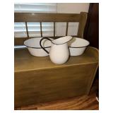 White enamel pitcher and 2 basins - each with