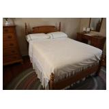 Pine full size bed with linens, mattress and