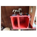 Lot - Handmade wooden stable with horse, doll,