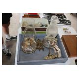 2 Oil lamps with brass wall holders and brackets