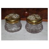 2 - Brass and glass vanity jars with floral rose