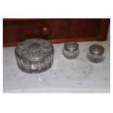 Silver-plated and glass dresser jar and 2 small