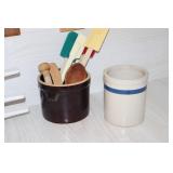 Lot - 2 crock utensil holders with utensils