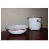 White and red enamelware bowl and bucket with lid