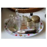 Tray lot - perfume bottles, compacts, toothpick