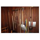 Corner lot yard tools - pitch fork, ax, shovels,