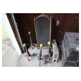 Lot - Andirons, Fireplace screen, and log holders
