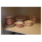 Lot Pink Red Willow ware - Charger, Double Handle