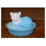 Westmoreland blue and white slag glass cat on