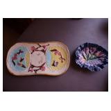 Majolica bird and fan tray and blue Majolica