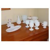 Milk glass lot - candlestick, tray, goblets,