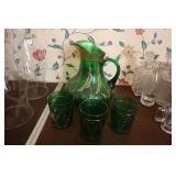Dugan Glass Company Waving Quill Pitcher and 3