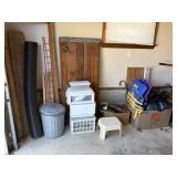 Lot - Wooden table top, stool, plastic storage