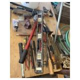 Bucket of tools - bolt cutters, small vice,