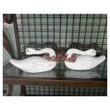 2 Wooden preening swan decorations