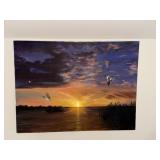 Painting of mallard ducks flying over