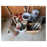 Lot - gas cans, funnels, ready pumps, sand