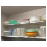 2 Shelf lots including Tupperware bowls, cake