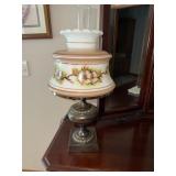 2 Floral decorated hurricane style lamps with
